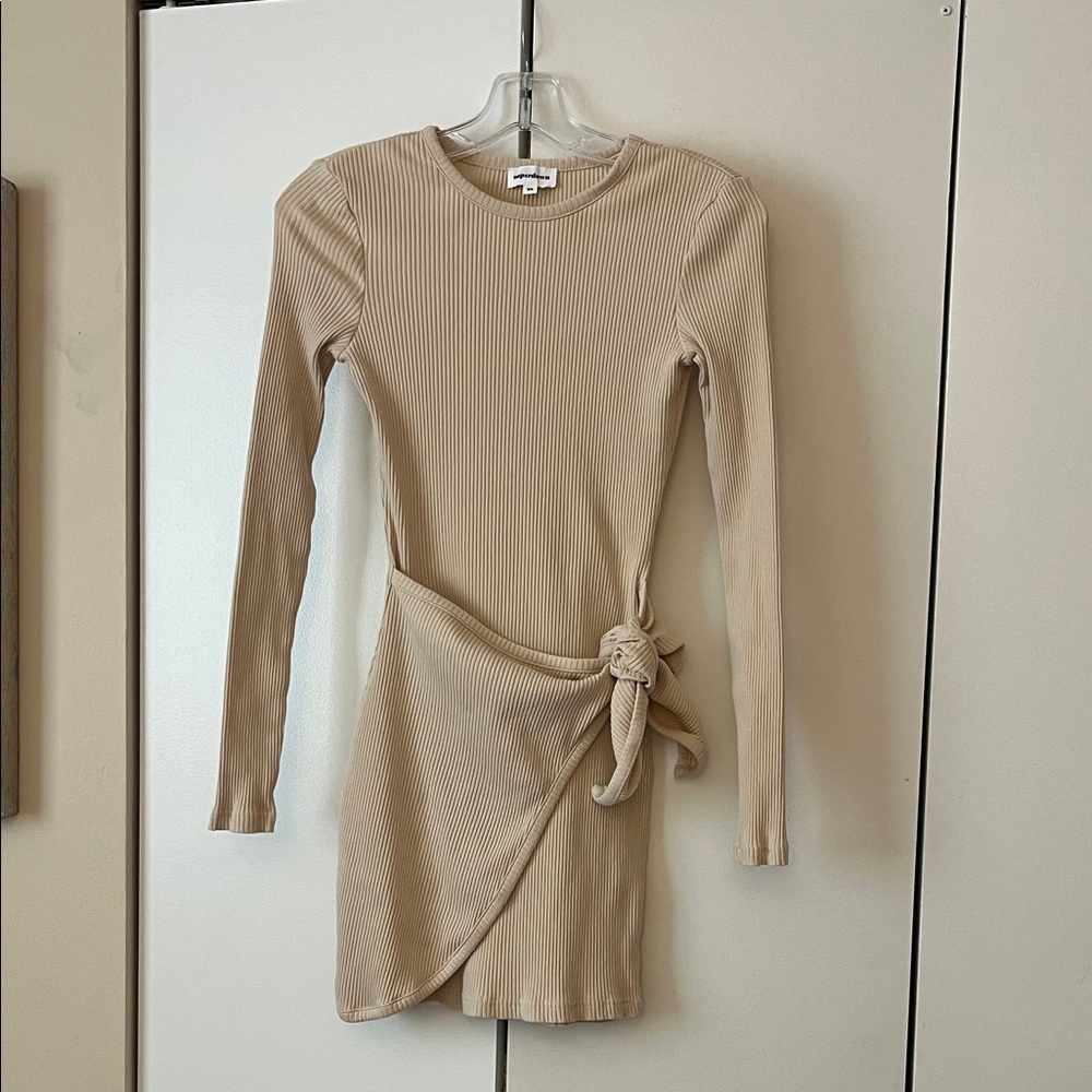 Superdown Tan Long Sleeve Ribbed Dress